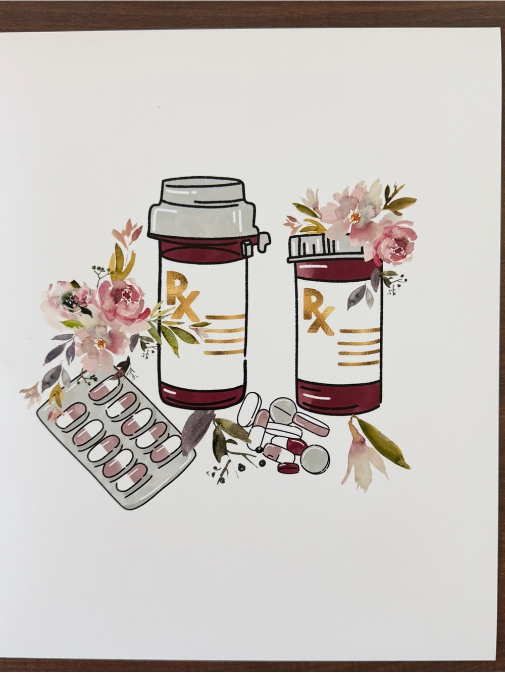 Floral Prescription Bottle Art Print - Burgundy & Gold Accents
